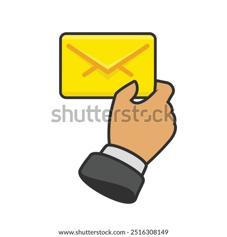Yellow envelope in businessman hands. Mail notification or coming messages concept. Hand holding envelope, letter. Sending notice or invitation.