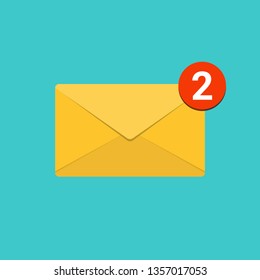 Yellow Envelope closed with number notification red badge flat icon design for use to your business website,vector EPS10 isolated on green background.