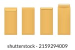 Yellow envelope. Correspondence mail cover, large opening and closed lettering brown envelopes designs isolated on white background, travel mailing vector illustration