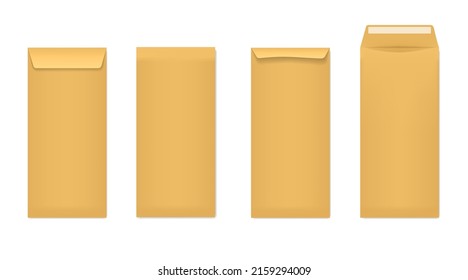 Yellow Envelope. Correspondence Mail Cover, Large Opening And Closed Lettering Brown Envelopes Designs Isolated On White Background, Travel Mailing Vector Illustration