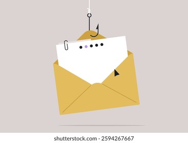 A yellow envelope hangs precariously from a fishing hook, symbolizing the lure of phishing emails, An empty space hints at the deceitful message waiting to ensnare unsuspecting victims