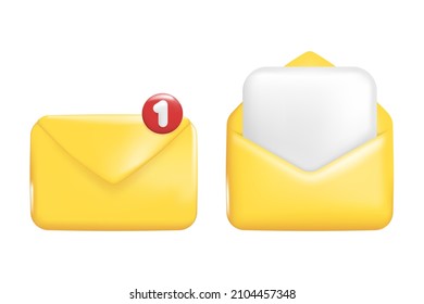 Yellow envelope icon in cartoon 3d plastic style, isolated on white background. Vector illustration 3d volumetric Envelope.
