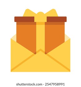 Yellow envelope icon, gift box inside envelope isolated on transparent background, Minimalist vector illustration.