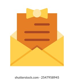 Yellow envelope icon, letter and text with ribbon isolated on transparent background, Minimalist vector illustration.