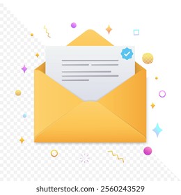 Yellow envelope with icons around it. Envelope with letter. Vector EPS 10