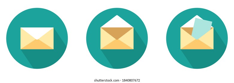 Yellow envelope icons in green circle. Isolated email sign on white background. Letter symbol sign. Newsletter post symbol. Open and closed mail icon. Vector EPS 10