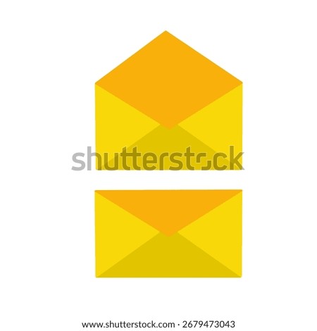 yellow envelope icons, open and closed. Symbol of email, message, communication, mail service, letter, inbox, and correspondence.