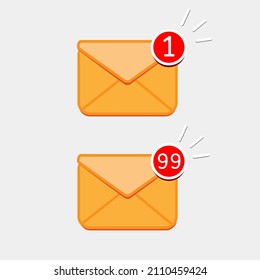 Sobre amarillo con notificación de correo entrante con marcador rojo Un mensaje y mensaje noventa y nueve. Entrega de mensajes, sms. Ilustración del icono del vector en un plano.