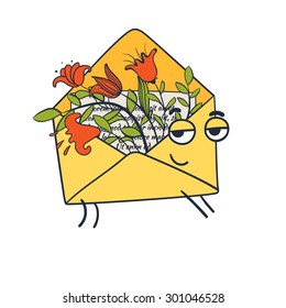 Yellow envelope with a letter.  Hand drawn vector illustration.