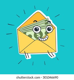 Yellow envelope with a letter.  Hand drawn vector illustration.