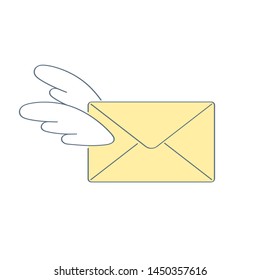 Yellow envelope letter with wings flying on a white background. Send mail, information, express delivery, airmail, fast messaging, breaking news. Flat line isolated icon on white background.