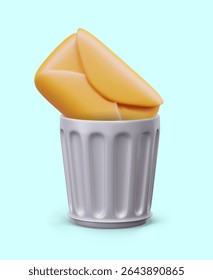 Yellow envelope in metal bin. Spam removal concept. Letter in trash. Cleaning mailbox. Destruction of virtual information. Vector composition on blue background