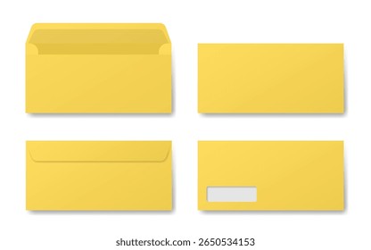 Yellow envelope mockup. Front and back side. Open and closed envelopes. Business correspondence. Address window
