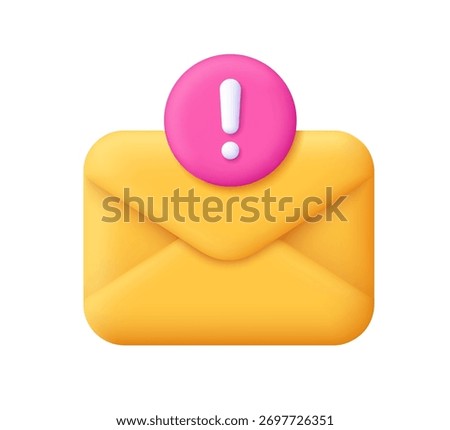 Yellow envelope with notification, white exclamation mark on pink circle button. Email alert, warning notification and urgent message concept. 3d vector icon. Cartoon minimal style.