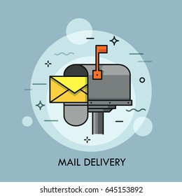 Yellow envelope in opened mailbox. Express mail delivery, courier and postal service, postage and spam concept. Creative vector illustration for brochure, presentation, print, website banner, poster.