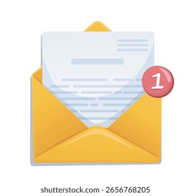 Sobre amarillo con una letra de papel en el interior y una insignia de notificación roja que muestra el número uno, estilo de dibujos animados sobre fondo blanco. Concepto de nueva alerta de correo electrónico. Ilustración vectorial