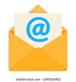 Sobre amarillo con hoja de papel. Concepto de correo electrónico. Icono de ilustración vectorial de estilo plano aislado en blanco.