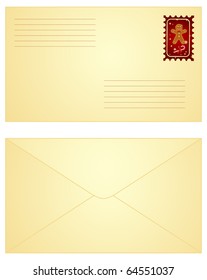 Yellow envelope with red Christmas stamp,  both sides. Vector illustration, isolated on a white.