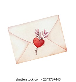 Yellow envelope with red heart. Love letter for Valentines day.