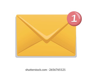 Envelope amarelo com um emblema de notificação vermelho mostrando o número um, estilo gráfico plano, isolado no fundo branco. Conceito de novo alerta de mensagem. Ilustração vetorial
