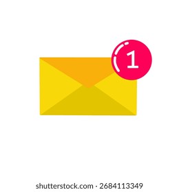 yellow envelope with a red notification badge showing number one. Concept of email, message, inbox, new mail, communication, and digital notification.