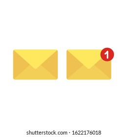 Yellow envelope with red round notification mark icon set. Colorful mail paper letter.