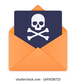 Yellow envelope with skull and crossbones. E-mail spam, virus, scam, malware alert received, internet hacking message, online phishing. Flat style vector illustration icon isolated on white.