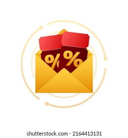 Yellow envelope with ticket percent for banner design. Percentage, discount, sale, promotion concept