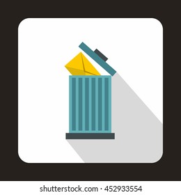 Yellow envelope in trash bin icon in flat style on a white background