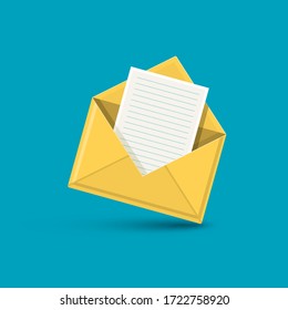 Yellow Envelope with White Lined Paper on Blue Background Vector Icon
