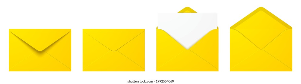 Yellow envelopes in different positions. Vector envelope template with letter, isolated on a white background.