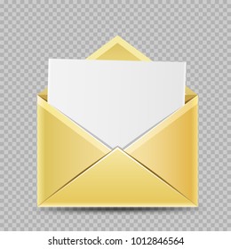 Yellow envelopet letter and paper document template inside with shadow on transparent background