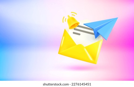 Yellow envolope and blue plane. Sending or receiving a new message concept. 3d vector banner with copy space