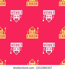 Yellow Error in the operation program of the robot icon isolated seamless pattern on red background. A broken chip of a robot.  Vector
