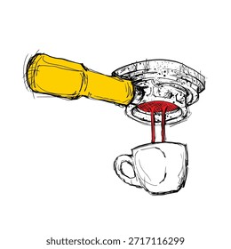 Eine gelbe Espressomaschine extrahiert Kaffee in eine weiße Tasse. Die Szene zeigt ein geschäftiges Café mit anderen Maschinen und Gönnern, die sich mit Gesprächen beschäftigen.