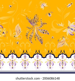 Yellow ethnic bohemian seamless repeating border tile pattern. Paisley ornament with fenix bird and flowers	