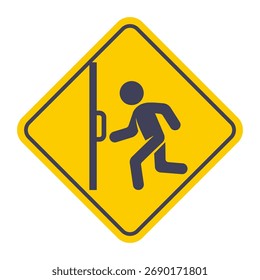 Icono de evacuación amarillo, corre a la puerta. Ilustración plana