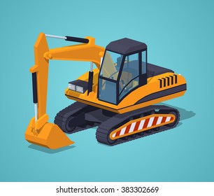 Yellow excavator against the blue background. 3D lowpoly isometric vector illustration