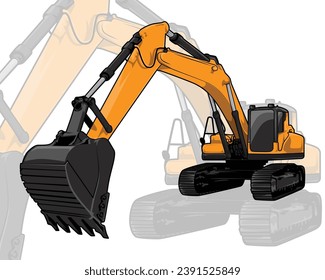 A yellow excavator with a black cover and a white background.