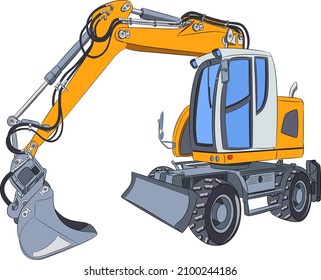 Yellow excavator with a bucket on a wheeled platform.