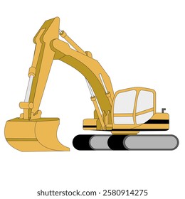 Yellow excavator construction machine in minimal vector style. Side view of hydraulic excavator with cabin and bucket isolated on white background