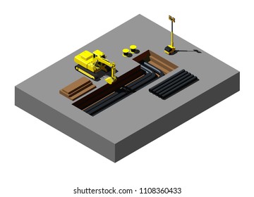 Yellow excavator at construction site. Vector isometric illustration