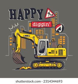 Yellow excavator digging ground on construction area. Vector hand drawn illustration