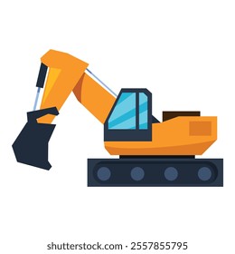 Yellow excavator digging with mechanical shovel on construction site