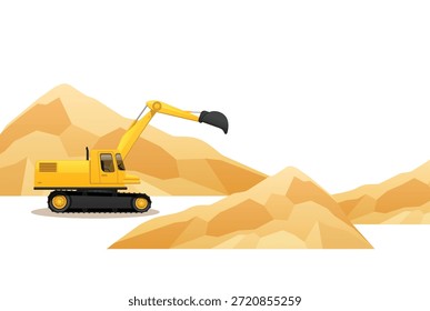 Yellow excavator digging in a sandy landscape construction