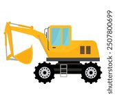 Yellow excavator flat vector illustration isolated on white background, heavy construction equipment, excavator digger machine clip art