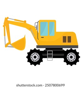 Yellow excavator flat vector illustration isolated on white background, heavy construction equipment, excavator digger machine clip art