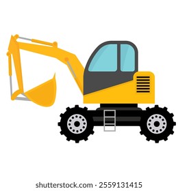 Yellow excavator flat vector illustration isolated on white background, heavy construction equipment, cartoon excavator clip art, excavator digger machine clipart