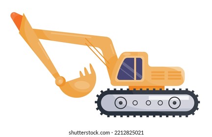 Yellow excavator icon. Machine with bucket for digging and soil preparation, construction. Graphic element for website, poster or banner. Transport and big car. Cartoon flat vector illustration