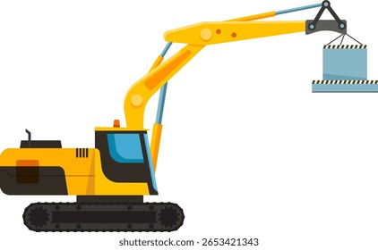 Yellow excavator lifting a concrete block with its crane arm fully extended, showcasing the dynamic action of construction and heavy machinery in full operation at a worksite